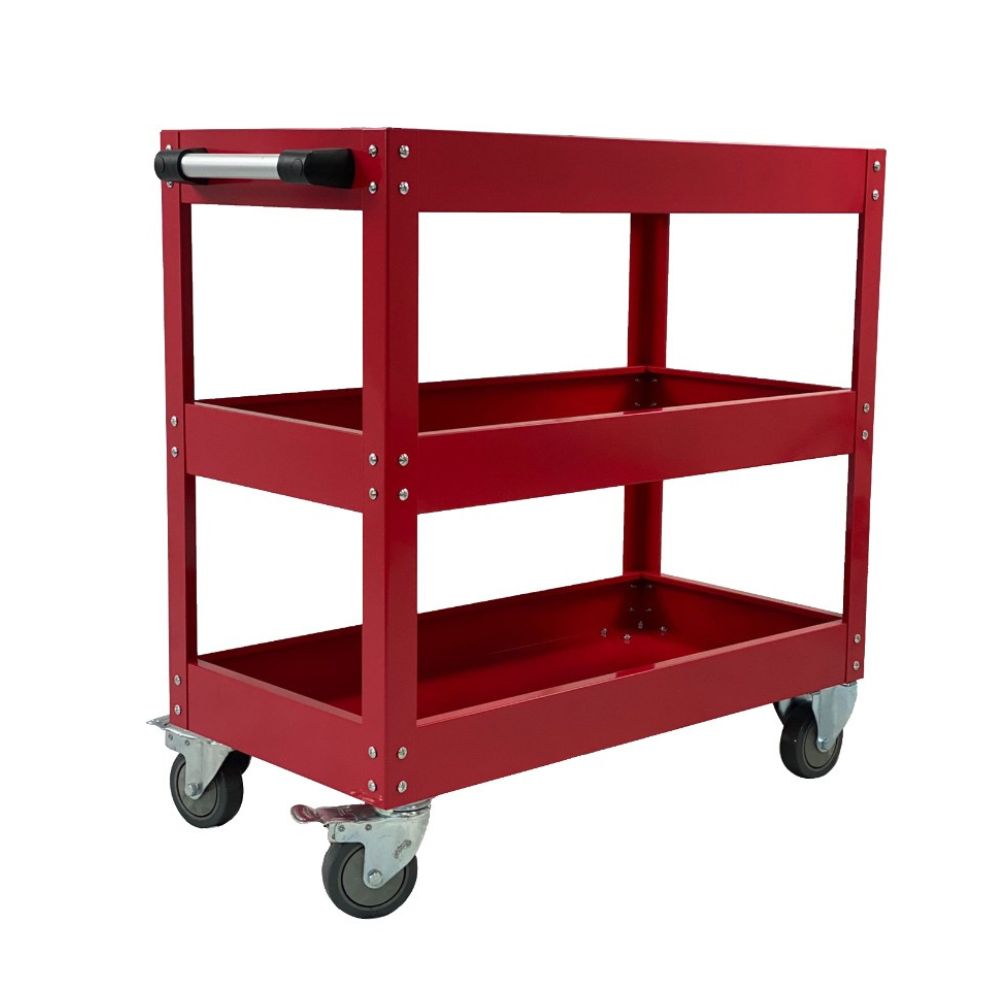 3 tier steel cart with double drawer lockable trolly.